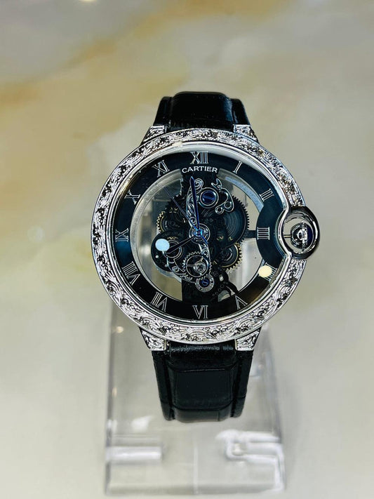 Cartier Black Silver Engraved Skeleton Dial Watch
