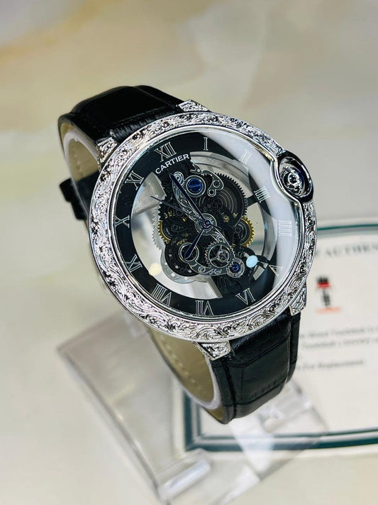 Cartier Black Silver Engraved Skeleton Dial Watch
